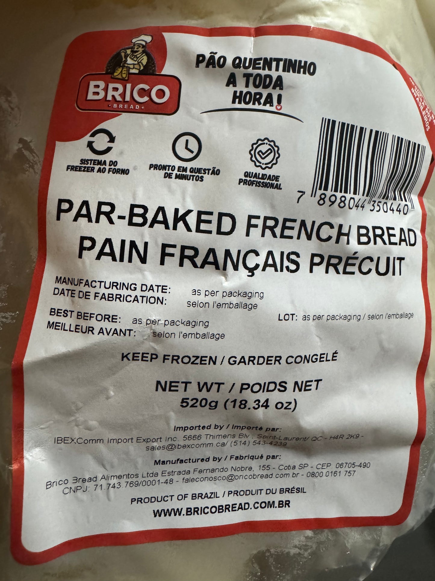 Pão Francês Pré Assado. 520g- Made in Brazil